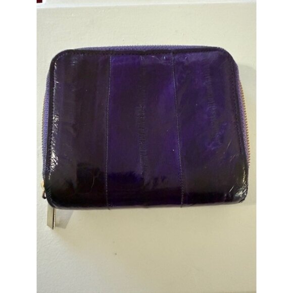 Purple Eel Skin BiFold Wallet Gold Toned Zipper Zip Around Snap Cards bills Vtg - Picture 1 of 11